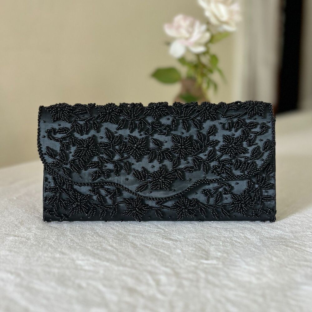 Vintage 60s Dark Gothic Floral Black Beaded Art Deco Envelope Clutch H. Liebes